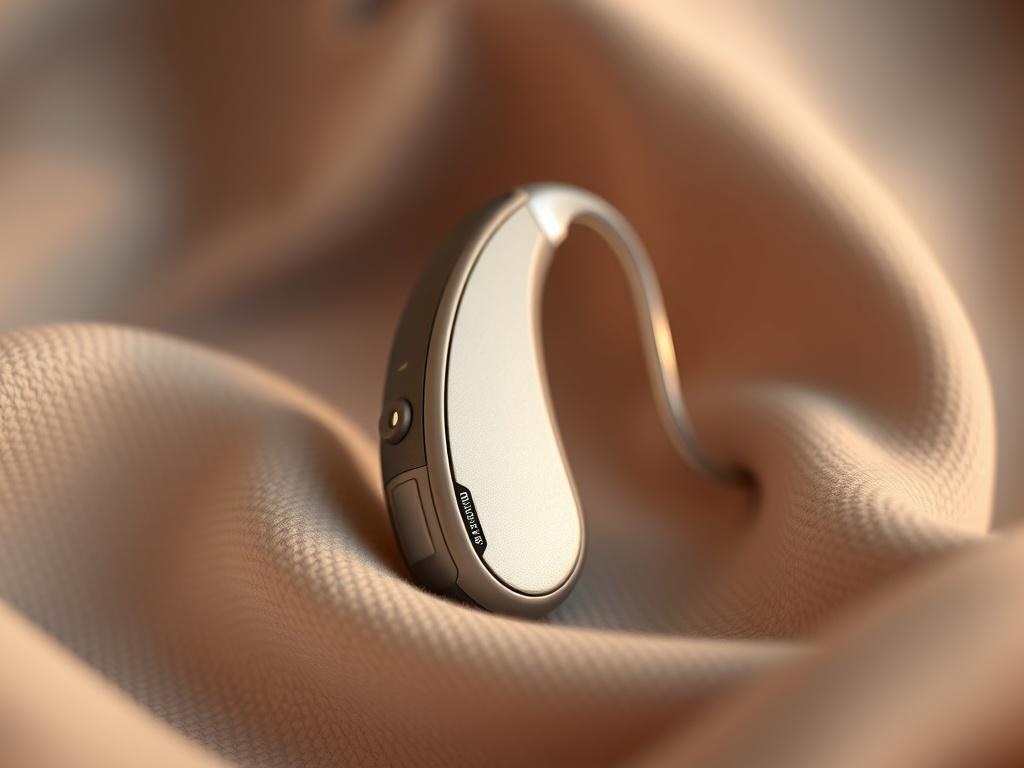 A close-up shot of a modern hearing aid device designed for adults, elegantly placed on a soft fabric background. The image captures the intricate details and sleek design of the device, showcasing its advanced technology. The lighting is soft and warm, enhancing the color and texture of the device, while the background remains neutral to emphasize the subject.