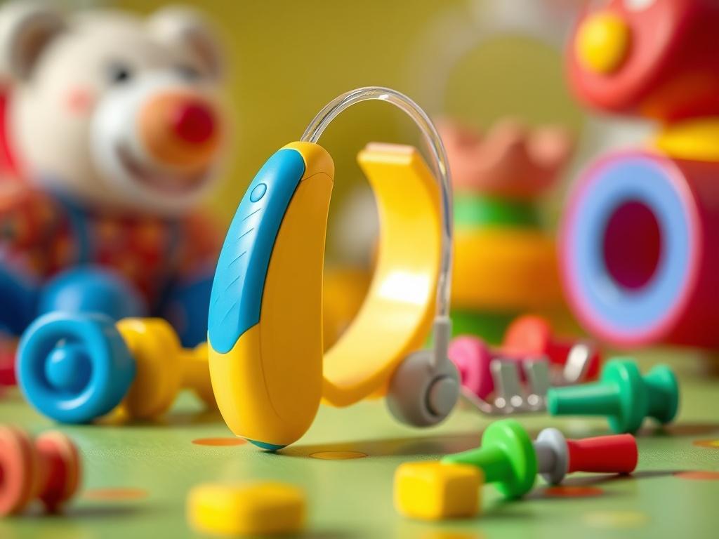 A close-up shot of a colorful hearing aid designed for children, displayed on a playful background with toys. The image highlights the vibrant colors and child-friendly design of the hearing aid, making it appealing to young users. The lighting is bright and cheerful, enhancing the playful aspect of the product while keeping the focus on the hearing aid itself.