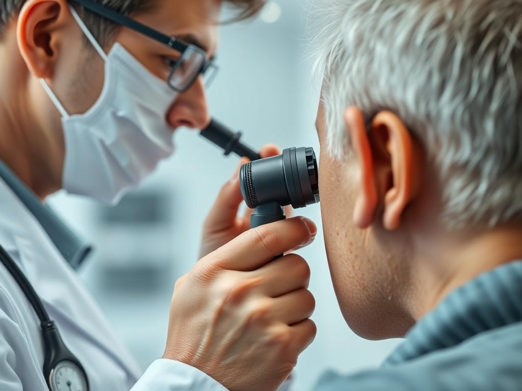A close-up shot of a doctor examining a patient's ear with an otoscope in a bright clinical setting. The focus should be on the interaction between the doctor and the patient, showcasing the professionalism and care provided during the examination. The background should be blurred but still convey a clean and modern medical environment, emphasizing the importance of ear health.