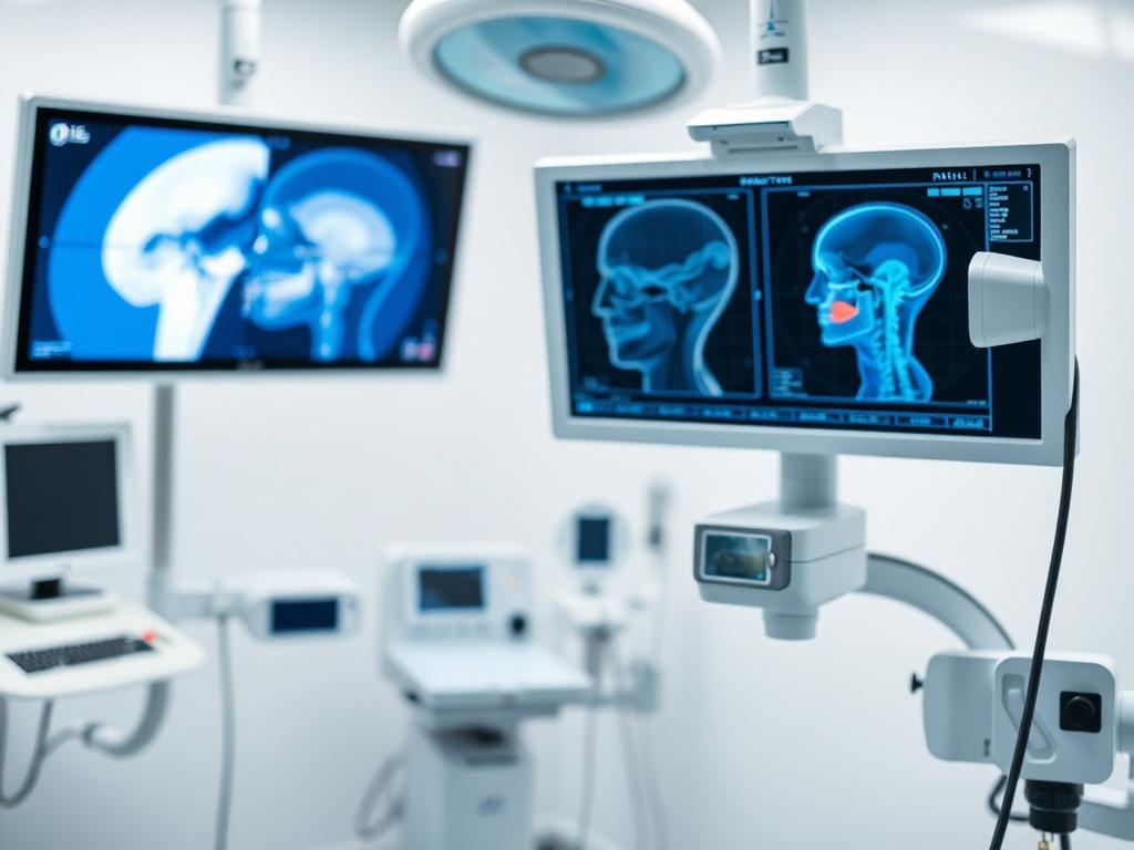 A modern ENT clinical environment focused on nasal and sinus surgery. The setting is clean and professional, featuring an ENT endoscopic system prominently displayed. A high-resolution medical monitor showcases nasal endoscopy imagery and sinus anatomy diagrams in soothing blue and teal tones. The scene is devoid of any active surgery or blood, emphasizing a minimalist European clinic style and a calm, sterile atmosphere. The lighting is soft and clinical, with neutral colors that enhance the high realism o