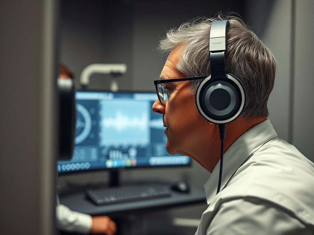 A close-up shot of a patient wearing headphones during a hearing test in a soundproof room, with a technician observing the results on a computer screen. The setting should be modern and focused on patient comfort.