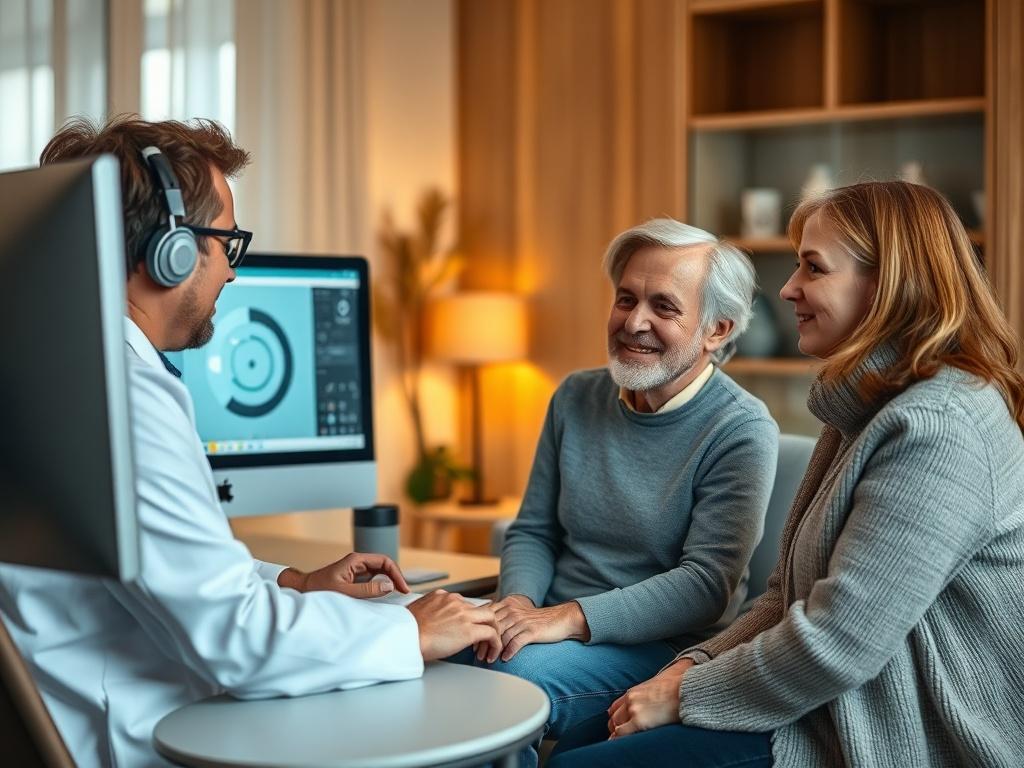 A modern ENT and audiology clinic during a personalized hearing fitting session. An audiologist is adjusting settings on a computer while a patient listens attentively. A family member is seated nearby, observing and participating calmly. The focus is on interaction, communication, and careful adjustment. The scene is lit with soft natural lighting, showcasing a premium European medical clinic style. The image should reflect high realism with a shallow depth of field, emphasizing a professional and human-ce
