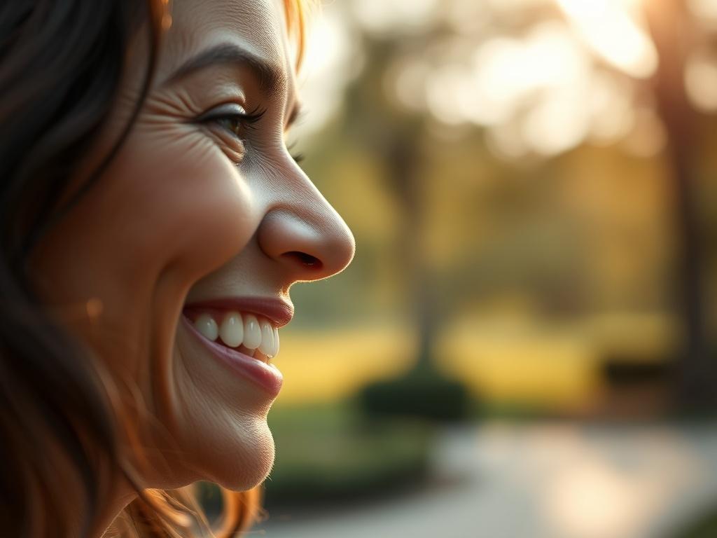A close-up shot of a person smiling while wearing a hearing aid, with a soft-focus background of a serene park setting. The image captures the joy of improved hearing, showcasing the device subtly and elegantly. The lighting is warm, emphasizing the positive emotions of connection and communication.