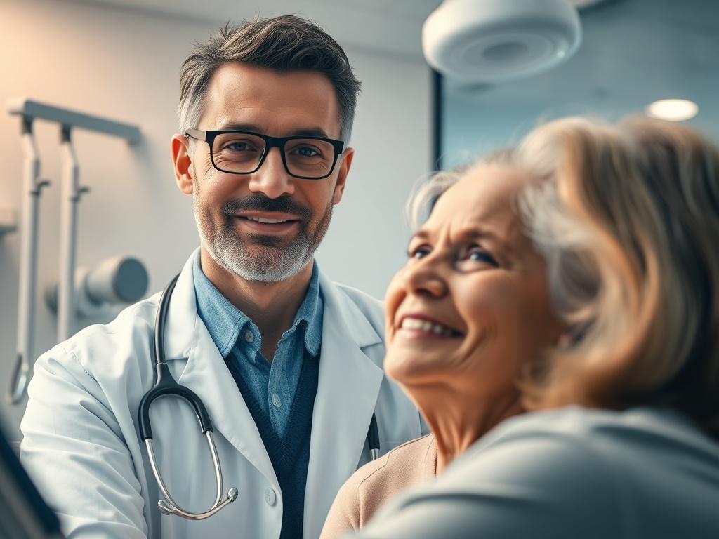 A close-up shot of a doctor consulting with a patient in a modern clinic setting, with medical instruments subtly visible in the background. The expression on the doctor's face is attentive and caring, while the patient shows a sense of relief and trust. The colors are warm and inviting, creating a professional yet comforting atmosphere.