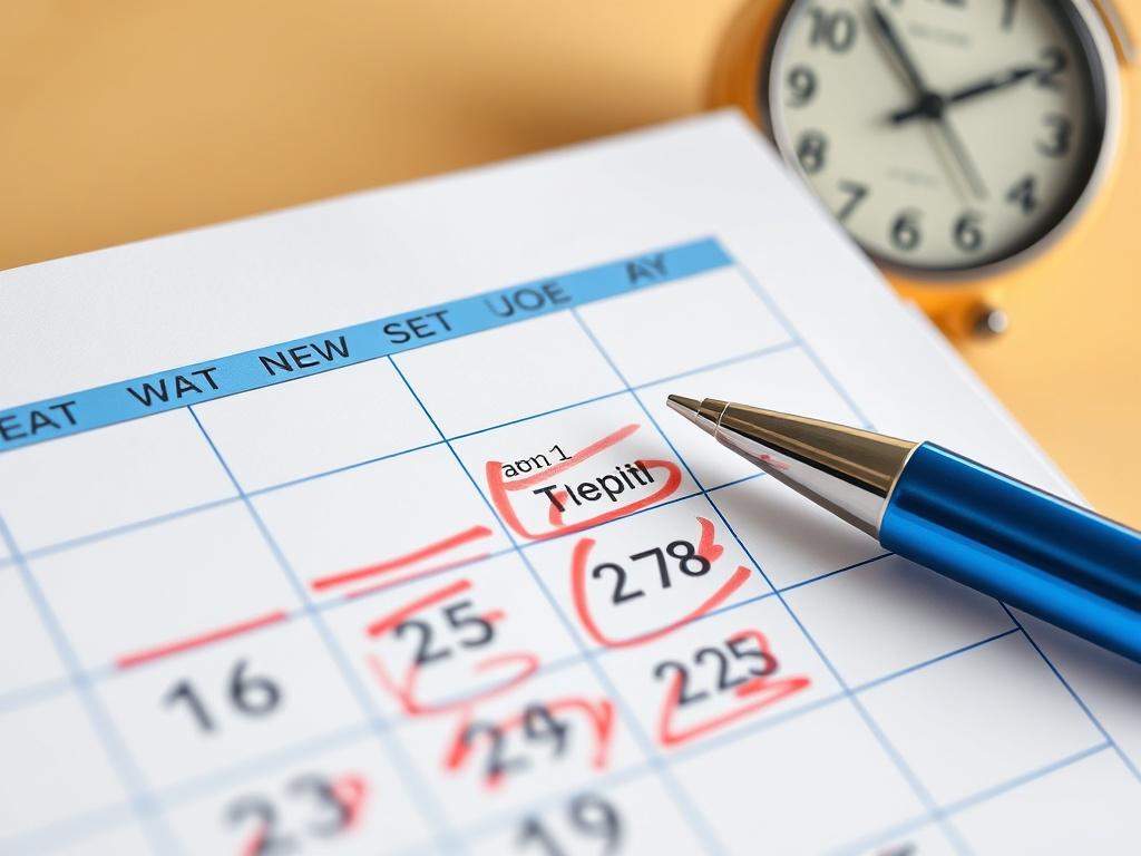 A close-up shot of a calendar marked with specific dates for clinic visits, with a pen and a clock in the background. The image conveys a sense of organization and efficiency, highlighting the importance of timely medical care. The colors are bright and motivating, suggesting a proactive approach to health.