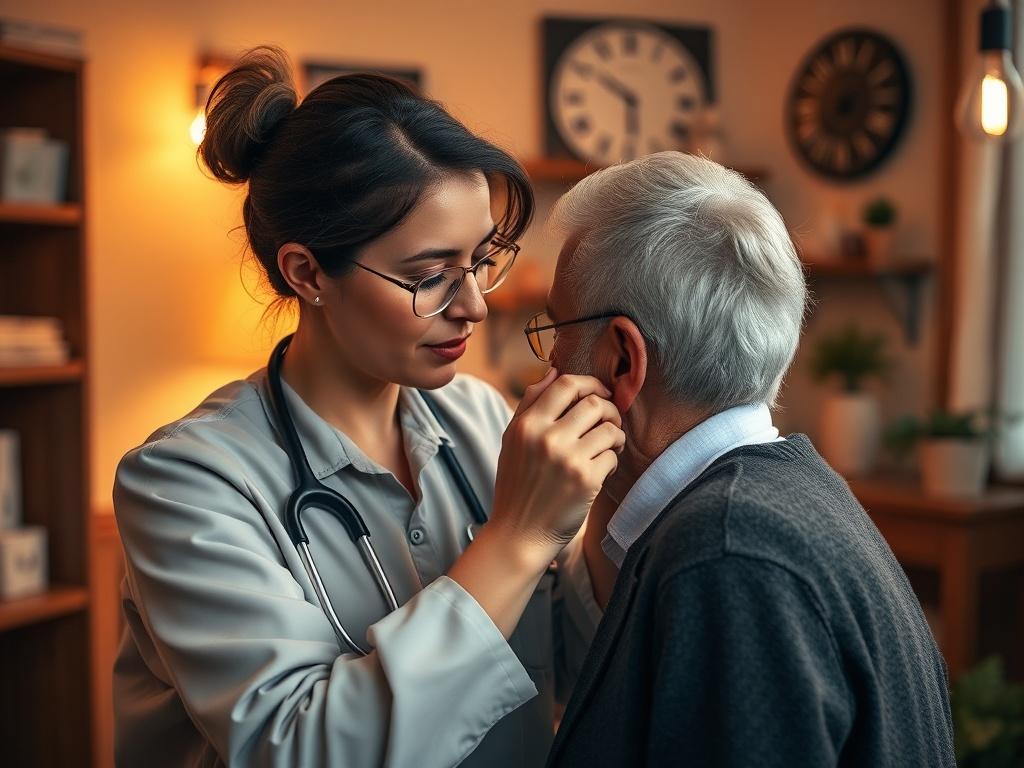 A high-resolution photo of a healthcare professional adjusting a hearing aid on a patient in a cozy clinic environment. The focus should be on the interaction between the patient and the professional, showcasing the personalized care and attention given to each individual.
