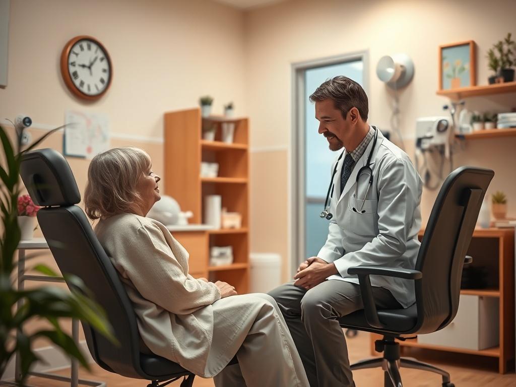 A high-resolution photo of a warm and inviting clinic room with a healthcare professional consulting a patient. The environment should convey a sense of care and professionalism, with soft lighting and comforting colors to create a serene atmosphere.