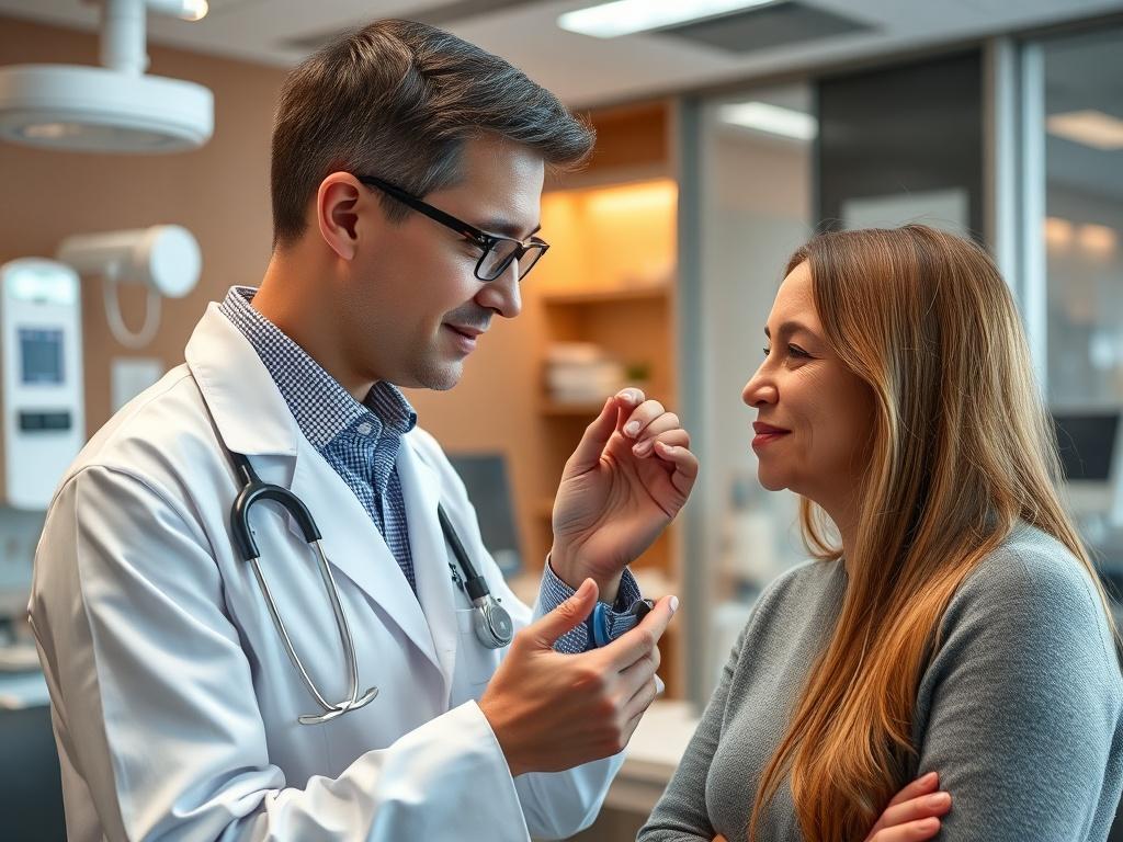 A realistic high-resolution close-up shot of a modern audiology clinic interior, featuring a qualified audiologist interacting with a patient. The audiologist is demonstrating a hearing aid device, while the patient looks engaged and interested. The background shows advanced medical equipment and a warm, welcoming atmosphere. The color scheme incorporates rgb(248, 140, 2) as the primary accent color.