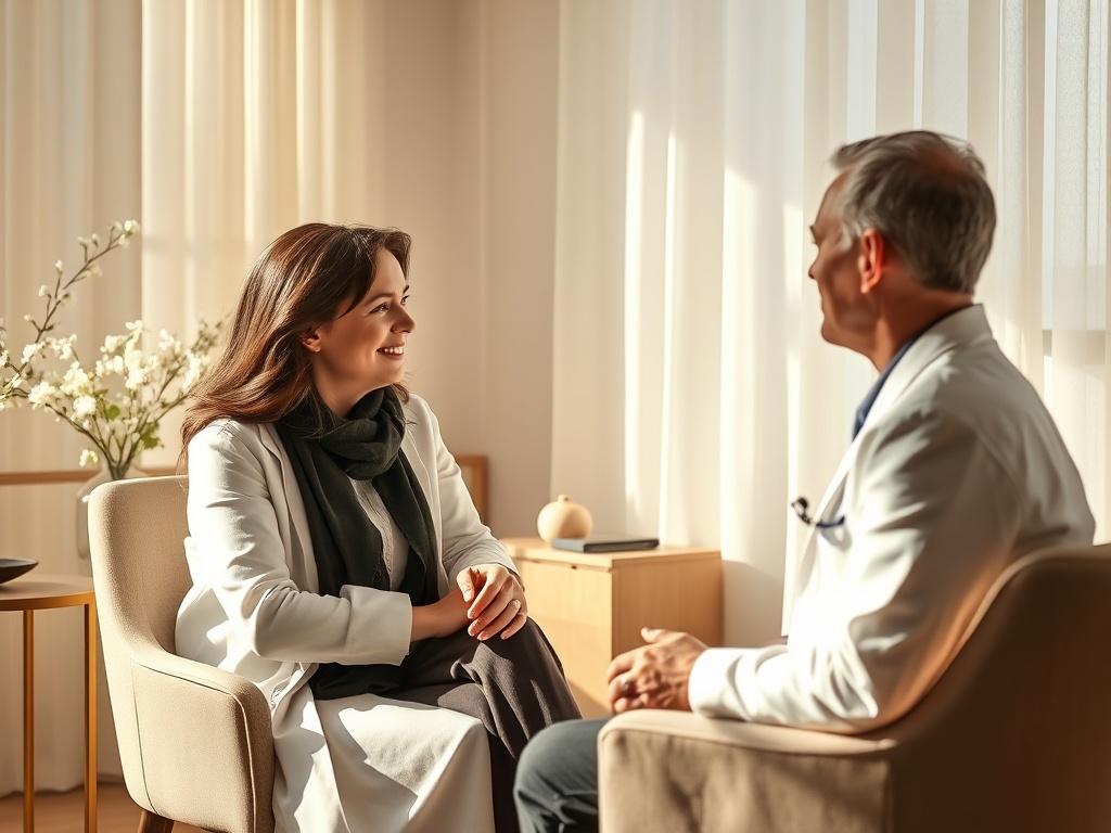 A serene and elegant follow-up consultation scene in a high-end ENT and audiology clinic. An ENT doctor or audiologist is seated next to a patient, engaged in a relaxed and trusting conversation. The focus is on the human interaction, with no medical devices or technology in sight. The atmosphere conveys continuity of care and long-term support, illuminated by soft natural light. The color palette is neutral, featuring elegant and minimalist design elements. The overall aesthetic reflects a European medical