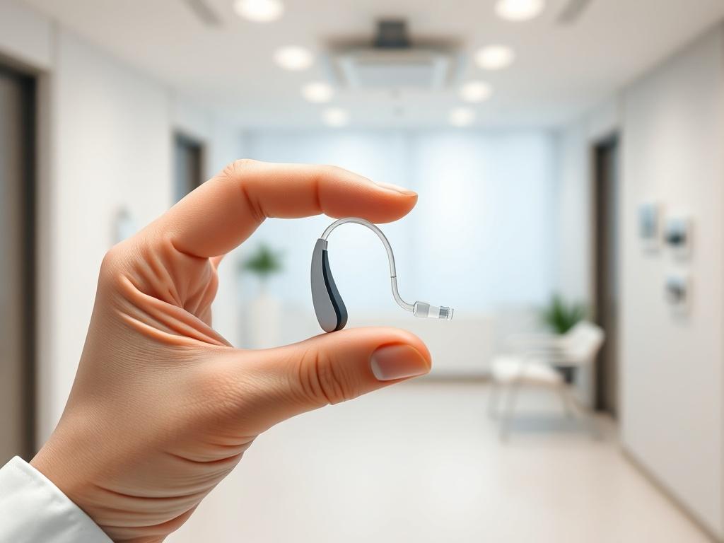 A close-up shot of a discreet hearing aid held gently in a doctor's hand, set in a modern ENT audiology clinic environment. The background is clean and neutral, with soft clinical lighting that creates a calm and professional atmosphere. The focus is on medical precision and technology, emphasizing personalized care. The aesthetic reflects European healthcare, minimalistic, premium, and modern, showcasing high realism with a shallow depth of field and ultra-detailed professional medical photography style.