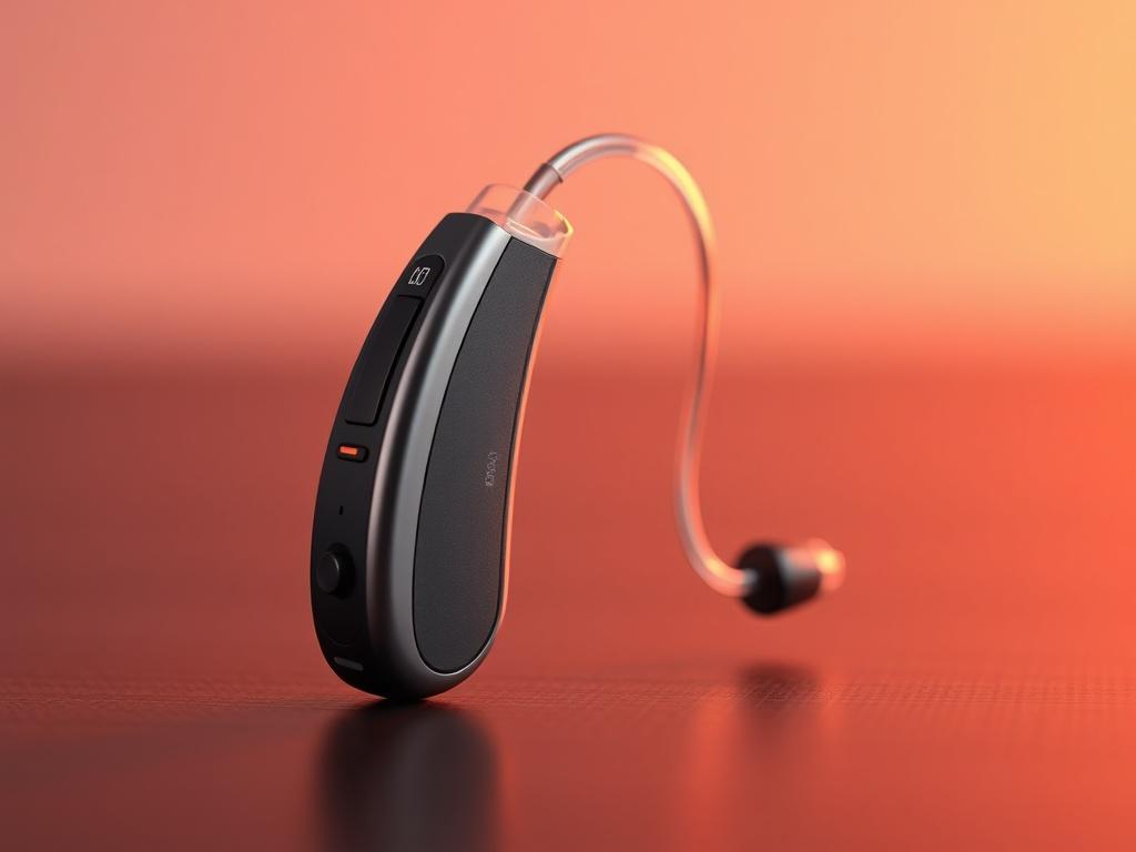 A close-up shot of a modern hearing aid, set against a soft, blurred background that highlights the details of the device. The focus should be on the intricate design and features of the hearing aid, showcasing its sleekness and modern technology. The lighting should be warm to create an inviting atmosphere.