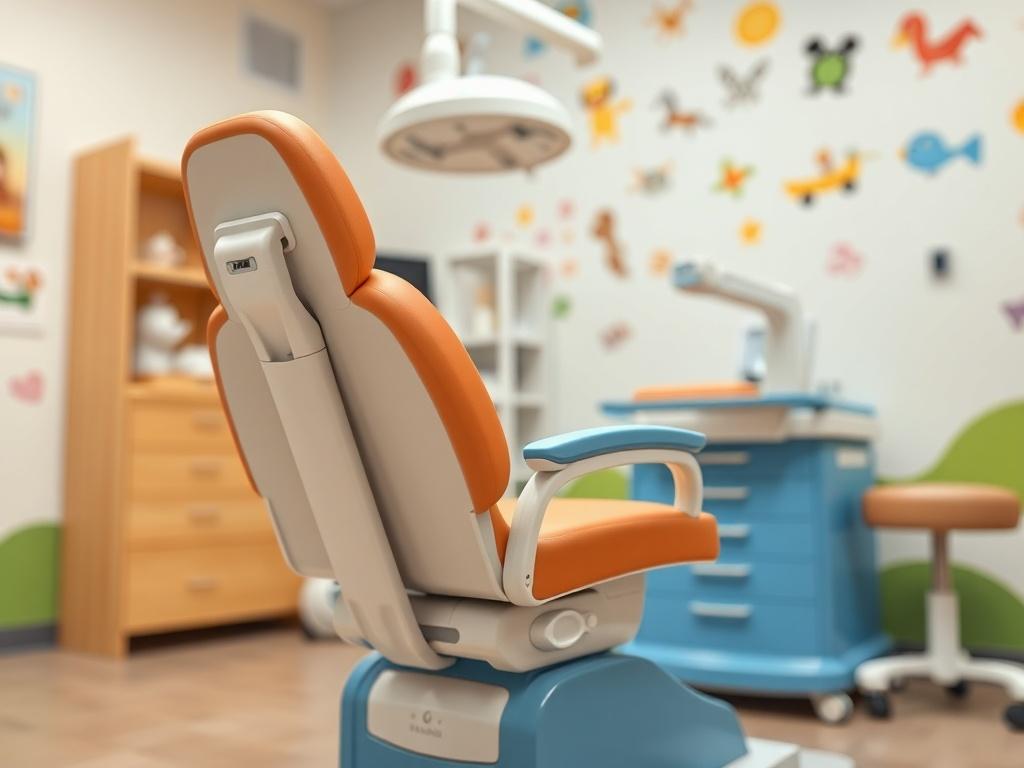 A realistic high-resolution photo of an ORL (Otorhinolaryngology) exam chair in a pediatric environment. The chair should be the focal point, designed for children, with bright colors and child-friendly features. The background should include playful decor, such as cartoon characters or colorful wall art to create a welcoming atmosphere for kids. The overall composition should be simple and clear, highlighting the chair and its environment, shot with a 45mm f/1.2 lens style.