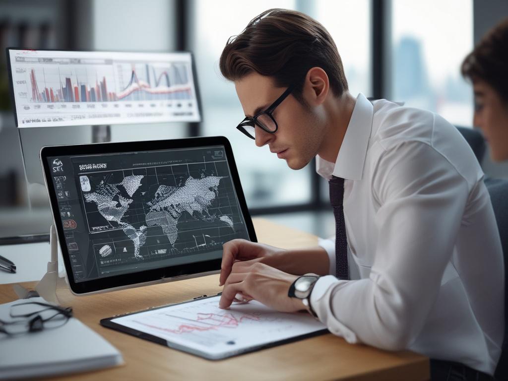 A close-up shot of a marketing analyst examining data on a tablet, with AI-generated graphs and charts displayed on the screen. The background should be a modern office setting, with a futuristic vibe. The analyst's expression should convey focus and determination. The image should be hyper-realistic, captured with a 45mm f/1.2 lens, incorporating the primary color rgb(2, 86, 197) in the design elements.