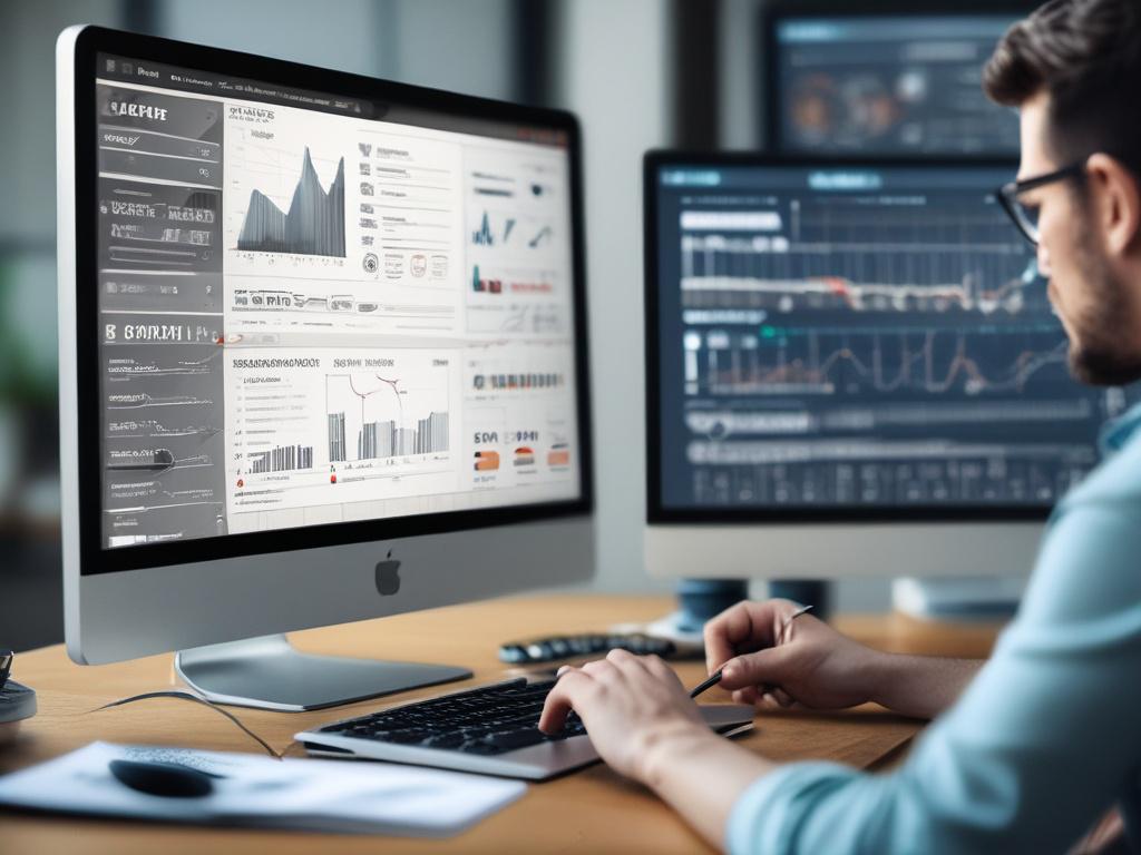 A close-up of a digital marketing specialist analyzing a sales funnel diagram on a laptop, with various metrics and performance indicators visible on the screen. The background should be an organized workspace with marketing materials and tools. The lighting should create a focused and professional ambiance. The image should be hyper-realistic, captured with a 45mm f/1.2 lens, featuring the primary color rgb(2, 86, 197) in the workspace.