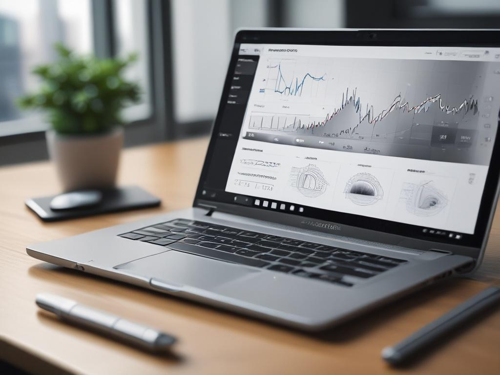 A close-up shot of a modern office environment showcasing a sleek laptop with AI analytics displayed on the screen. The laptop is positioned on a clean desk with a notepad and a pen beside it. The background features a subtle blur of a bustling cityscape visible through a large window, representing growth and innovation. The scene is well-lit, emphasizing the clarity and focus on the laptop's screen, capturing the essence of technology-driven business growth.