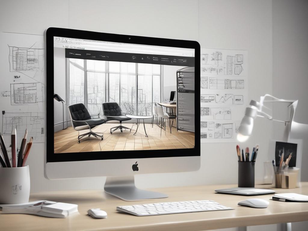 A close-up shot of a beautifully designed website displayed on a laptop screen, showcasing an elegant user interface. The background features a creative workspace with design tools and sketches. The image captures the essence of modern web design, emphasizing clarity and aesthetics, shot with a 45mm f/1.2 lens.