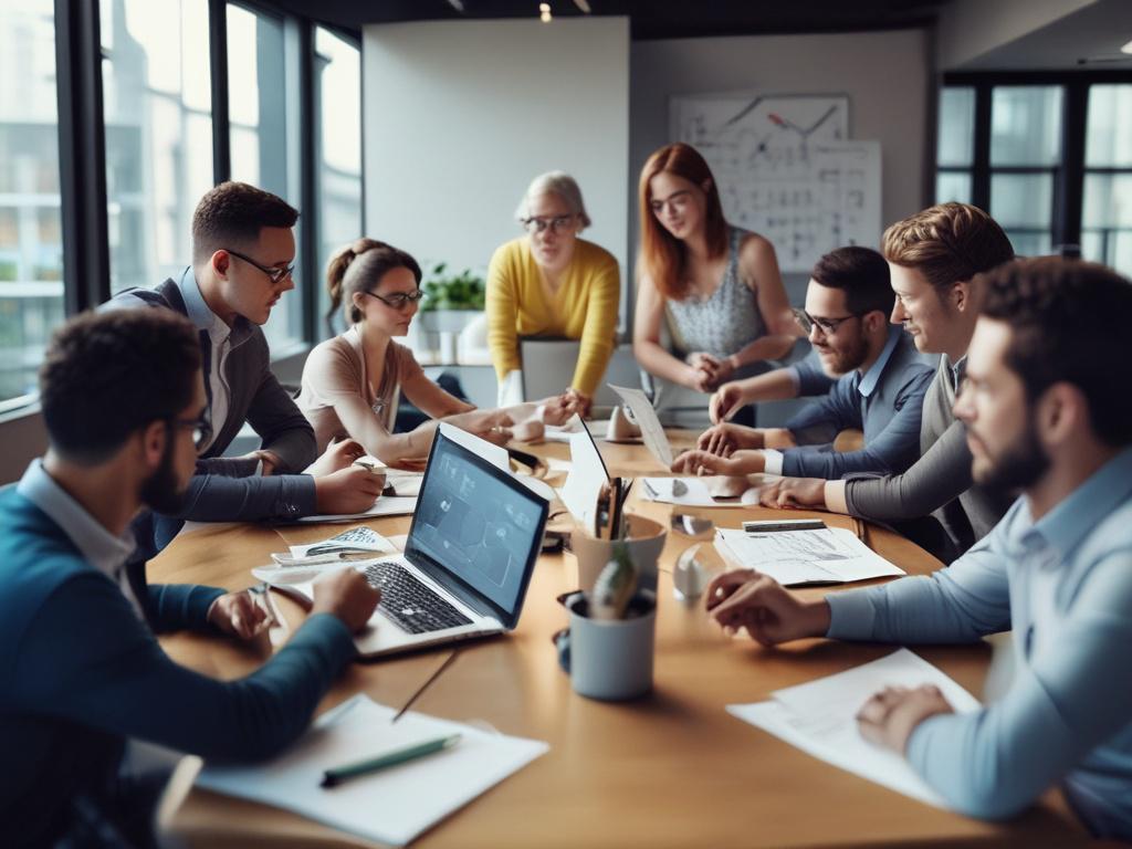 A close-up shot of a marketing team brainstorming around a table, with laptops and digital devices displaying analytics and graphs. The team is diverse, engaged, and focused on their work. The background shows creative marketing materials. The image captures a sense of collaboration and innovation, shot with a 45mm f/1.2 lens.