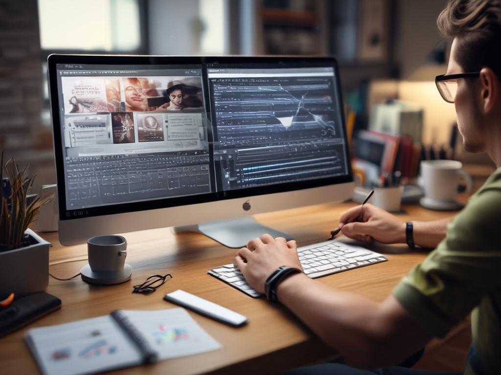 A close-up shot of a content creator working on a laptop, surrounded by notes and digital tools for content creation. The screen displays vibrant graphics and engaging content elements. The background hints at a creative environment, emphasizing productivity and innovation, shot with a 45mm f/1.2 lens.