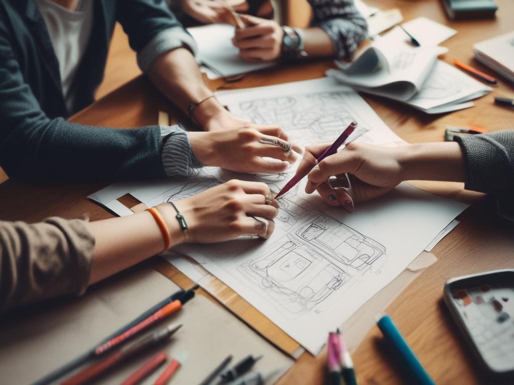 A high-resolution image of a creative team collaborating over a branding project, featuring sketches and color palettes on a table. The focus should be on their hands working together, with a backdrop of vibrant brand designs, captured in a hyper-realistic style with a close-up composition.