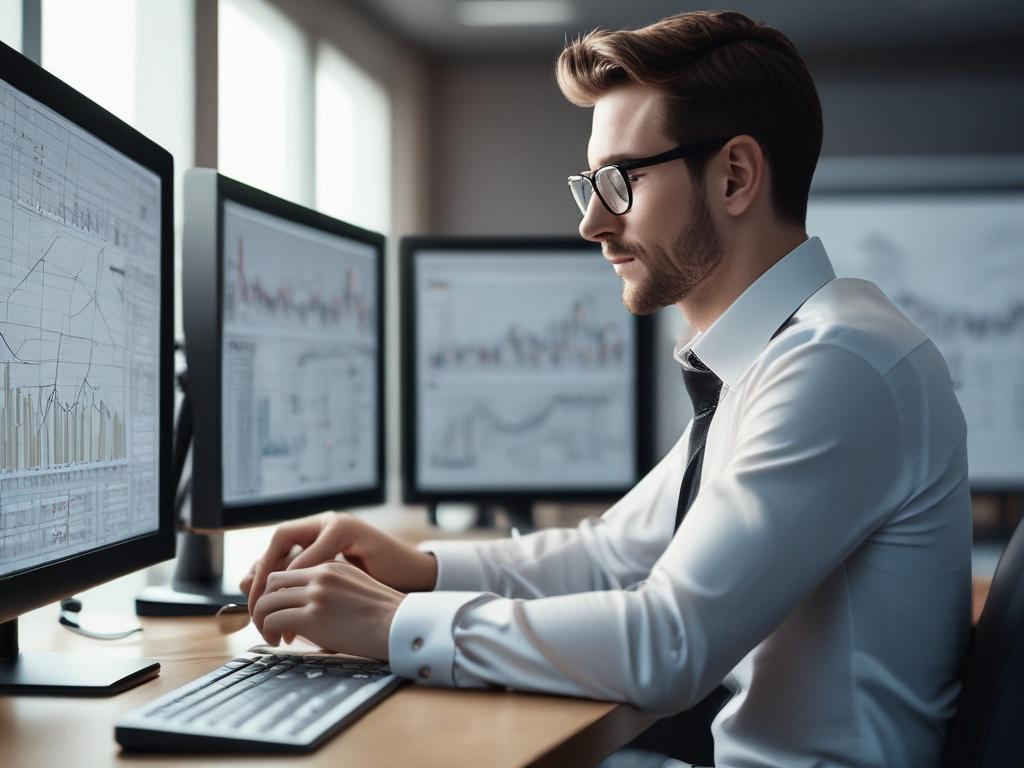 A high-resolution image of a focused marketing professional analyzing data on multiple screens in a modern office space, showcasing graphs and analytics related to AI-driven marketing. The image should be captured in a hyper-realistic style with a close-up composition, emphasizing the interaction between the professional and the technology.