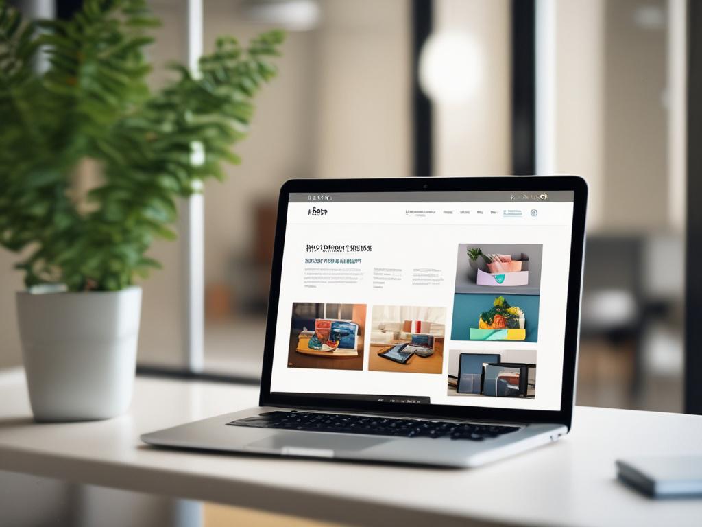 A high-resolution image of a beautifully designed website displayed on a sleek laptop in a well-lit creative workspace. The screen should showcase an engaging homepage layout with vibrant visuals and clear calls-to-action, captured in a hyper-realistic style with a close-up composition.