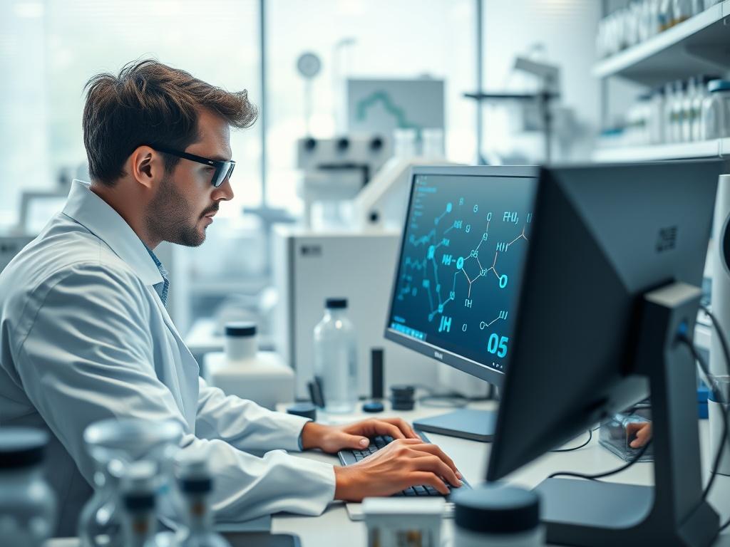A focused shot of a scientist working on a computer,