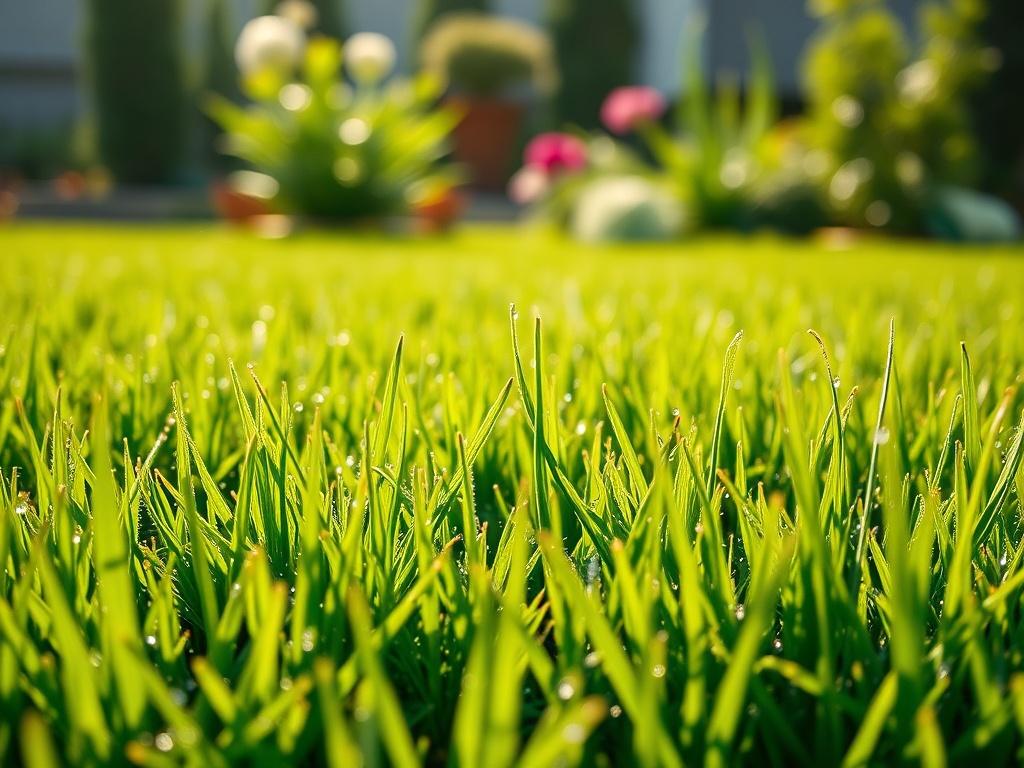 A close up shot of a vibrant green lawn treated