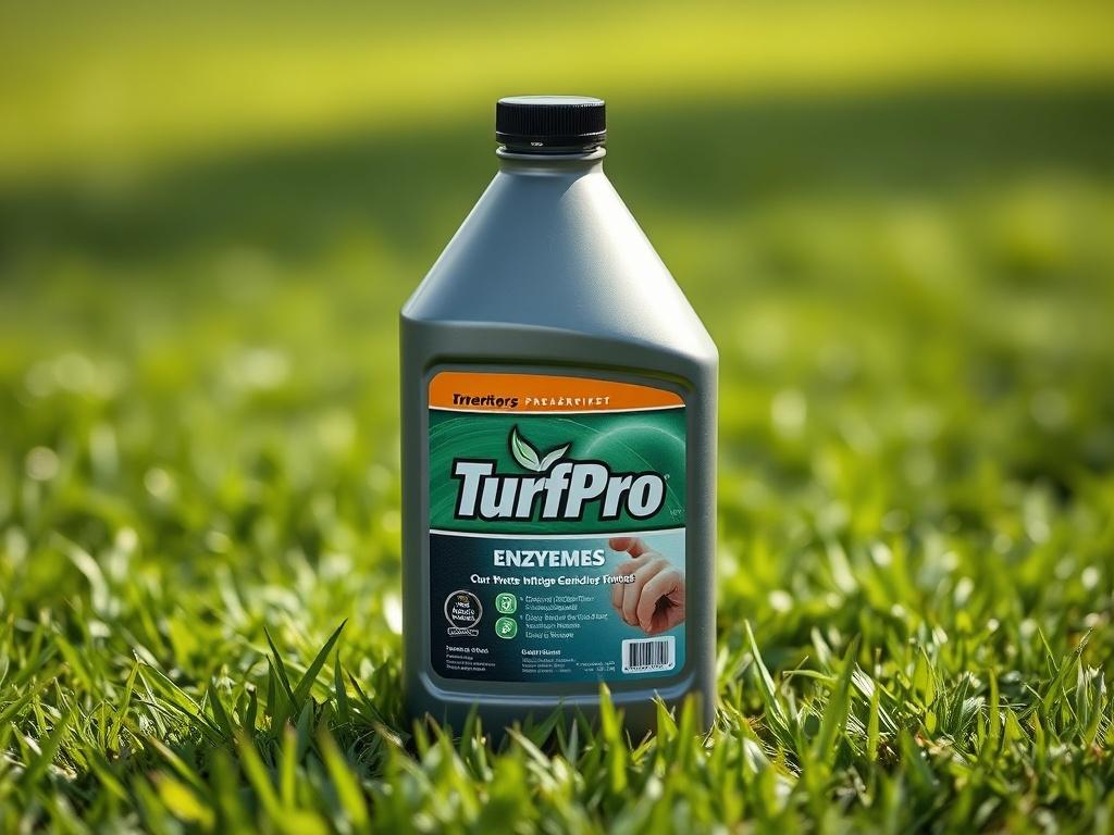A realistic high-resolution photo of a quart bottle of TurfPro Enzymes. The bottle should be sleek and modern, featuring a vibrant label with the TurfPro logo prominently displayed. The background should be a soft-focus green lawn, highlighting the product's purpose. The bottle is centered in the frame, with soft natural light illuminating it to enhance its appeal. The focus should be on the quart bottle, capturing the details of the label and the product itself.
