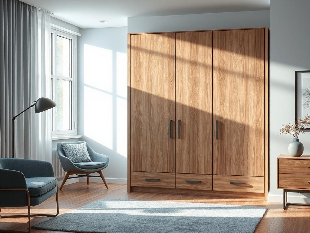 **AI Image Generation Prompt:**

Create a realistic high-resolution photo that embodies the essence of "Zabudowy na wymiar." The composition should feature a beautifully crafted, custom-built wardrobe as the central subject, showcasing fine details such as smooth wood grain and elegant, handleless design. The wardrobe should be positioned in a modern, well-lit interior space, such as a stylish bedroom or a contemporary living room. 

In the background, include soft shades of rich blues and soft grays to cre