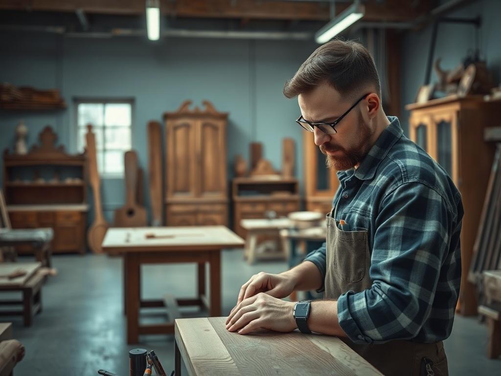 A high-resolution photo of a skilled woodworker in a workshop, showcasing fine wooden furniture pieces like tables and cabinets in the background. The woodworker is focused on crafting a piece, surrounded by tools and materials, with a cool-toned environment featuring shades of rich blues and soft grays.
