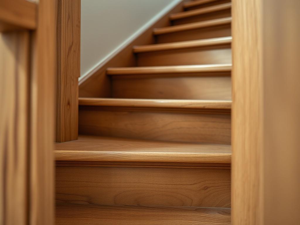 A realistic high-resolution close-up shot of beautifully crafted oak stairs. The focus is on the rich texture and grain of the oak wood, highlighting the natural beauty and elegance. The stairs should be well-lit, showcasing the craftsmanship and finish. The background should be subtle and blurred, ensuring the stairs are the only subject in the image.