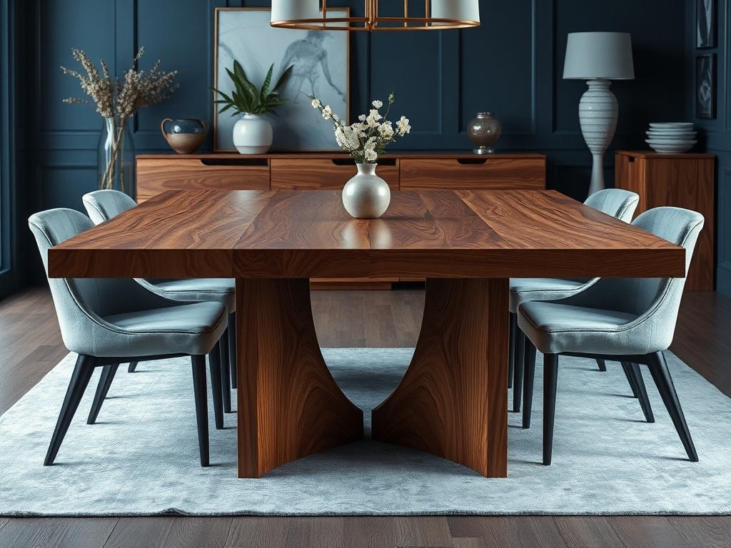 A realistic high-resolution image of a custom wooden dining table, showcasing the rich texture of solid wood. The table is designed with elegant lines and a polished finish. The setting includes a contemporary dining room with cool-toned decor and soft gray accents, emphasizing the beauty of the table as the focal point.