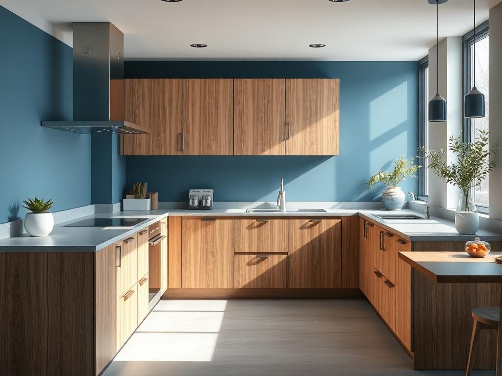 A high-resolution image of a custom kitchen designed with modern aesthetics. The kitchen features wood veneer fronts and solid wood or HPL countertops. The setting is sleek and contemporary, with cool-toned walls and rich blue accents. Natural light streams in, illuminating the space and highlighting the elegant finishes and thoughtful design elements.