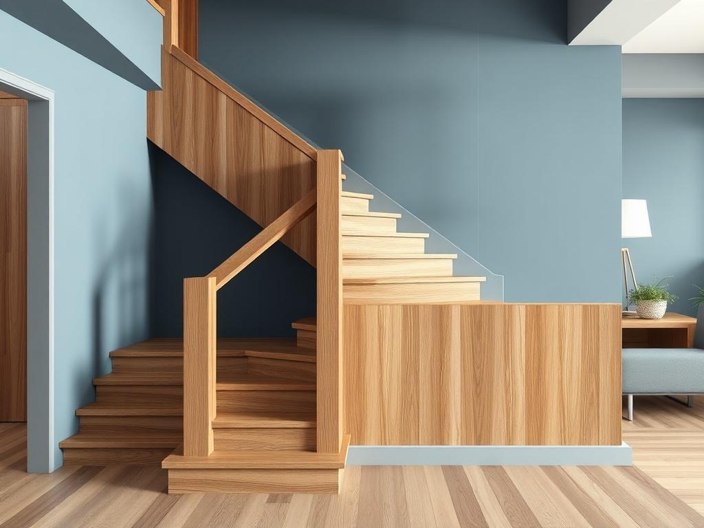 A realistic high-resolution image of custom oak stairs, showcasing the rich grain of oak wood. The stairs are elegantly designed, featuring smooth lines and a sleek finish. The setting is a modern interior with cool-toned walls and soft gray accents, emphasizing the natural beauty of the oak. The lighting is soft and inviting, highlighting the texture and details of the wood.