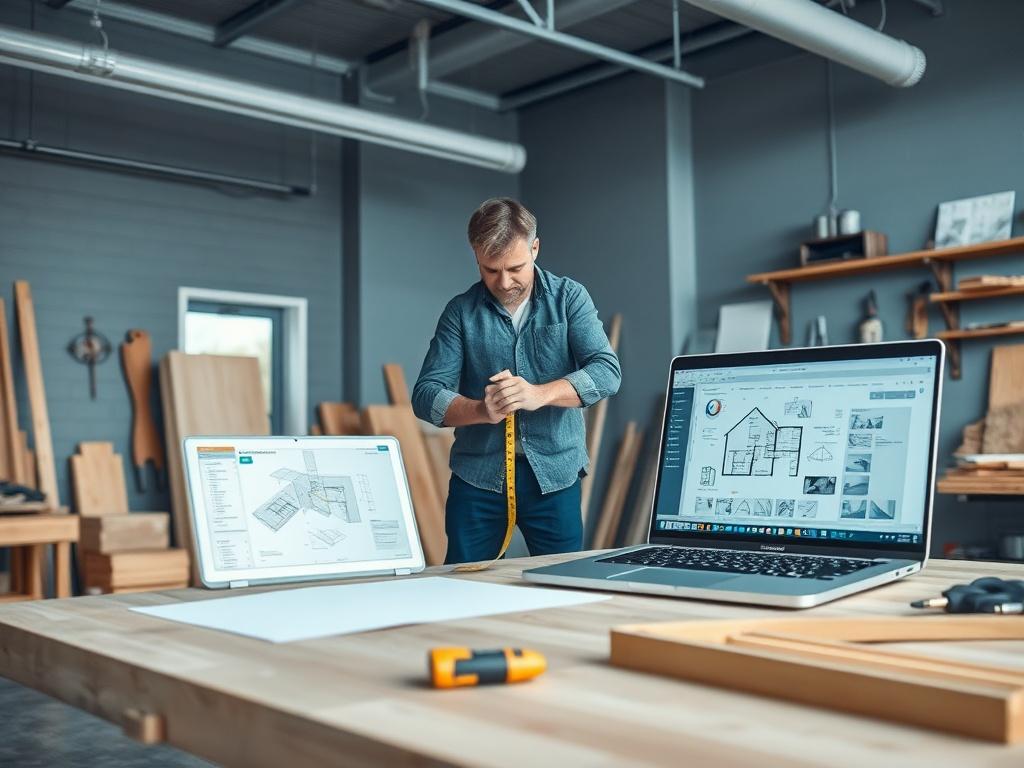 A high-resolution photo of an architect measuring a room with a tape measure, with a laptop displaying design software in the background. The setting is a modern workshop with soft gray tones and hints of rich blue, showcasing woodworking tools and materials.