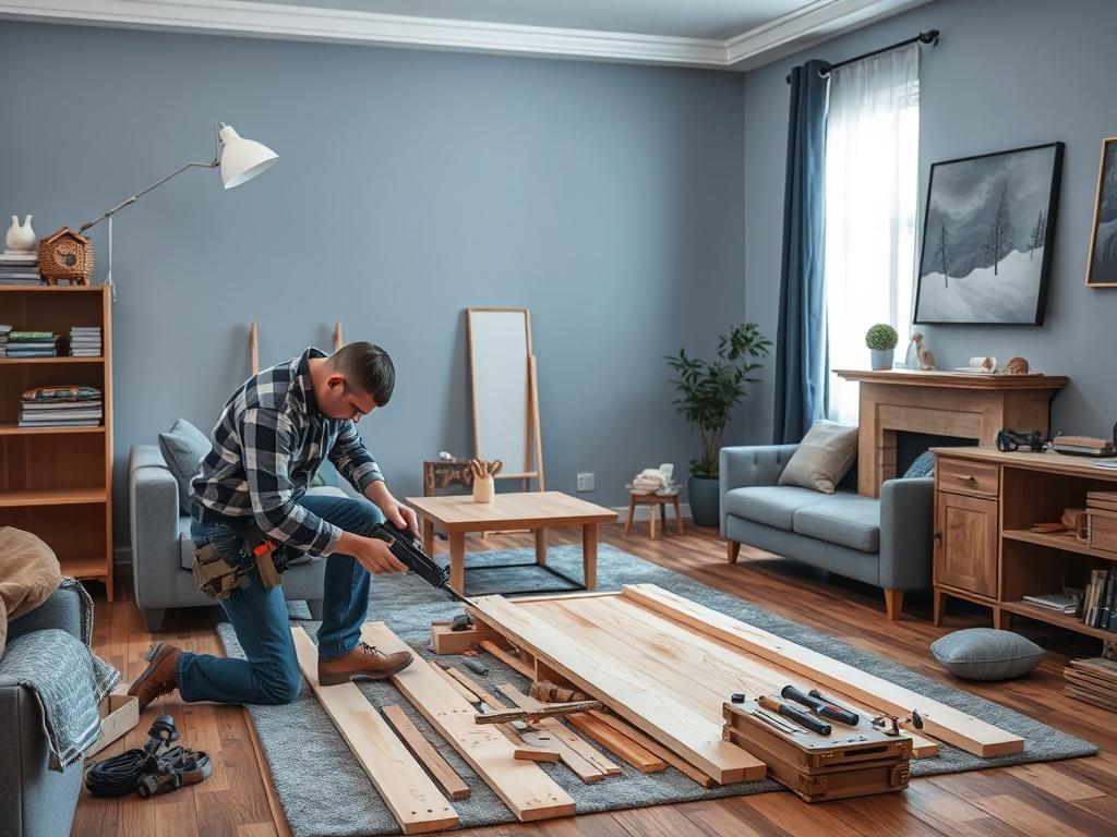 A high-resolution photo of a professional carpenter assembling furniture in a living room, with a focus on attention to detail and craftsmanship. The environment showcases cool tones of gray and blue.