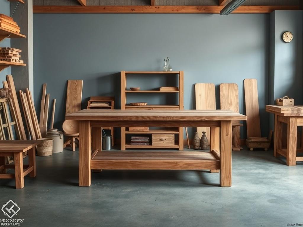 A realistic high-resolution photo of handcrafted wooden furniture in a workshop setting, featuring a beautifully crafted oak table and shelves, with soft gray and rich blue tones in the background.