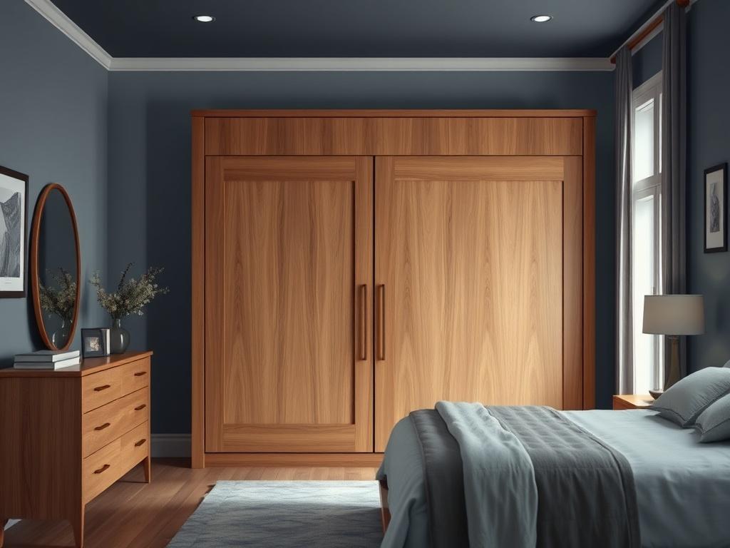A realistic high-resolution image of a custom wardrobe made of solid oak wood in a bedroom, showcasing sliding doors and elegant design. The wardrobe should be the focal point, surrounded by a cool-toned environment featuring rich blues and soft grays.