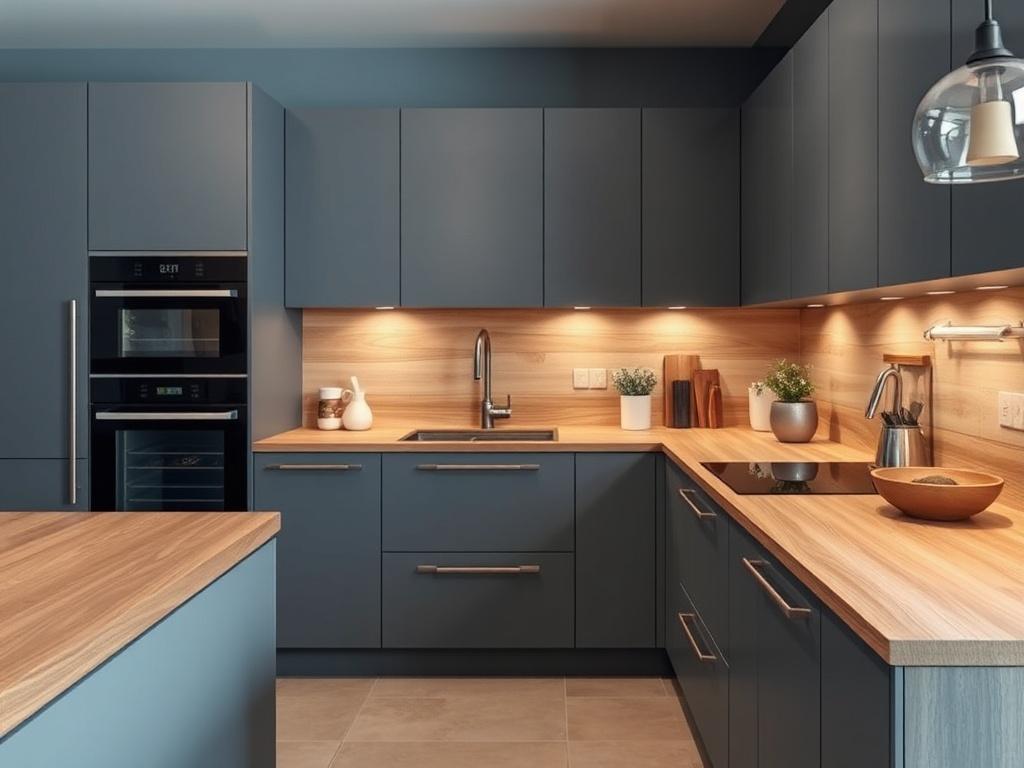A high-resolution image of a modern kitchen with handleless cabinetry, featuring veneered fronts and wooden countertops. The design should highlight the premium systems used for easy access, set against a cool-toned environment with rich blues and soft grays.