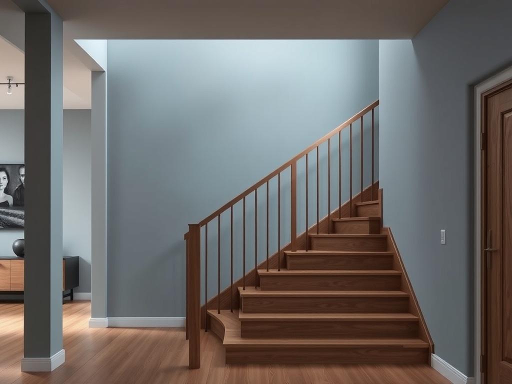 A realistic high-resolution image of elegant oak stairs in a modern home, showcasing the minimalist design and craftsmanship. The stairs should be the central focus, with a cool-toned environment featuring shades of rich blues and soft grays in the background.