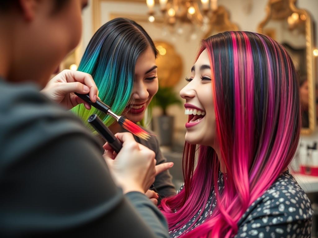 A close-up shot of a hair colorist applying dye to a client's hair in a luxurious home salon. The focus is on the colorful hair dye and the client's excited expression. The background includes elegant salon tools and a chic, inviting atmosphere.