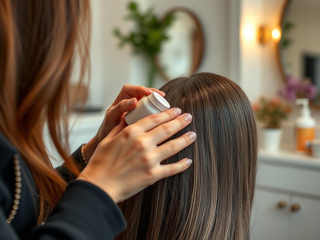 A close-up shot of a stylist applying a keratin treatment to a client's hair in a stylish home salon. The focus is on the product being applied, with the client's hair looking glossy and healthy. The background should display a serene salon environment with soft lighting.