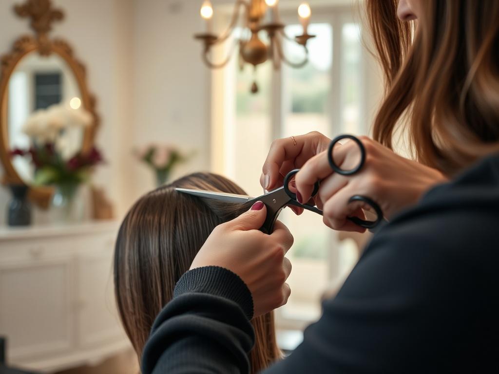 A close-up shot of a hairstylist expertly cutting a client's hair in a high-end, home-based salon setting. The focus is on the hairstylist's hands and scissors, with soft, natural lighting highlighting the hair being cut. The background features elegant salon decor, creating a warm and inviting atmosphere.
