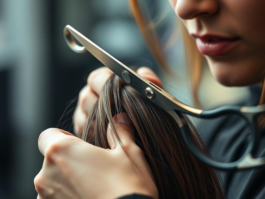 A close up shot of a hairstylist cutting hair with