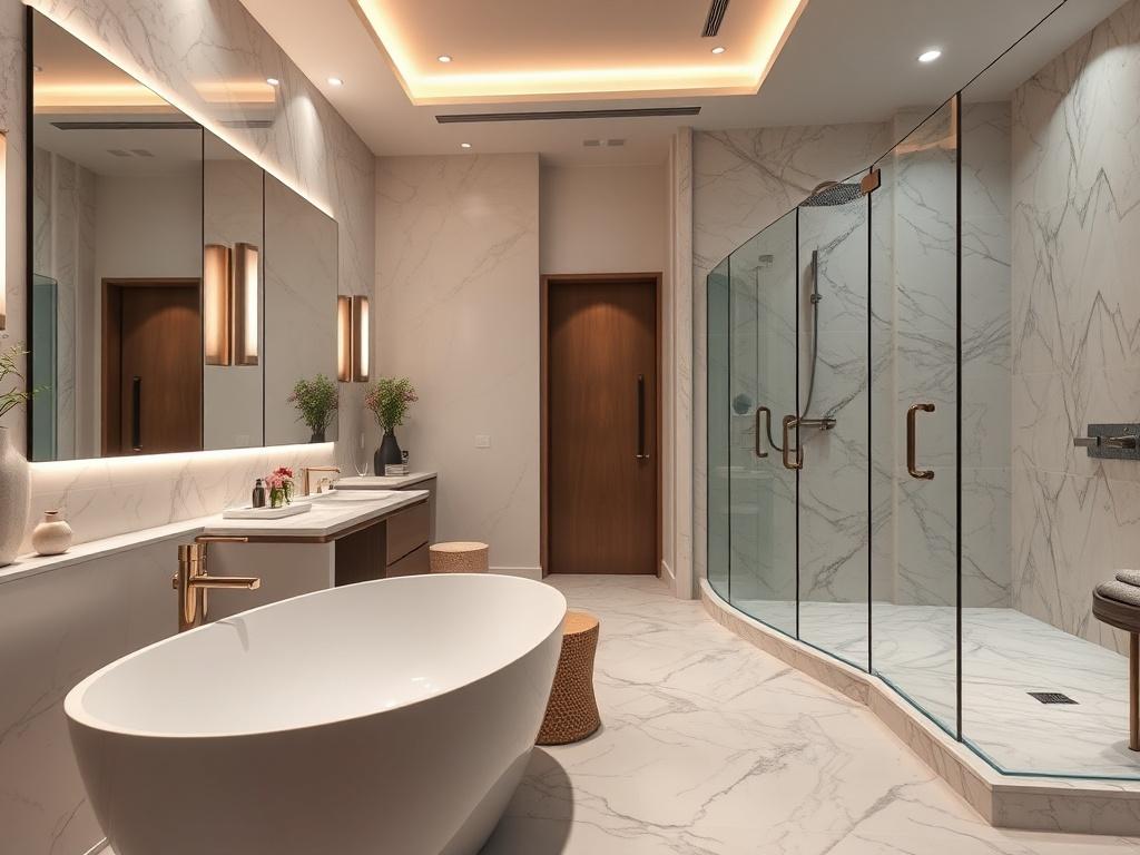 A luxurious bathroom remodel featuring a freestanding soaking tub, elegant