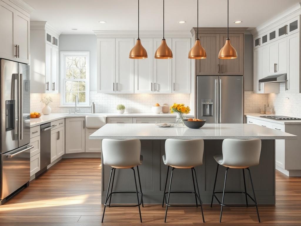 A beautifully remodeled kitchen featuring sleek cabinetry, modern appliances, and an inviting atmosphere. The composition should focus on the kitchen island with high-quality finishes, surrounded by stylish bar stools. Soft, natural lighting enhances the warmth of the space. The background should include a subtle view of the kitchen sink and elegant backsplash, emphasizing the modern design. The image should be realistic and high-resolution, shot with a 45mm f/1.2 lens to capture fine details.