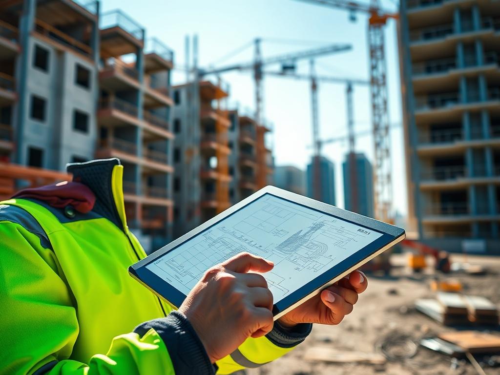 A close-up shot of a modern construction worker using a tablet on a job site, showcasing detailed blueprints and plans. The background features partially constructed buildings with cranes and construction materials. The lighting is bright and natural, emphasizing the clarity of the blueprints on the tablet. The color scheme is vibrant, focusing on green accents to match the rgb(50, 170, 39) primary color.