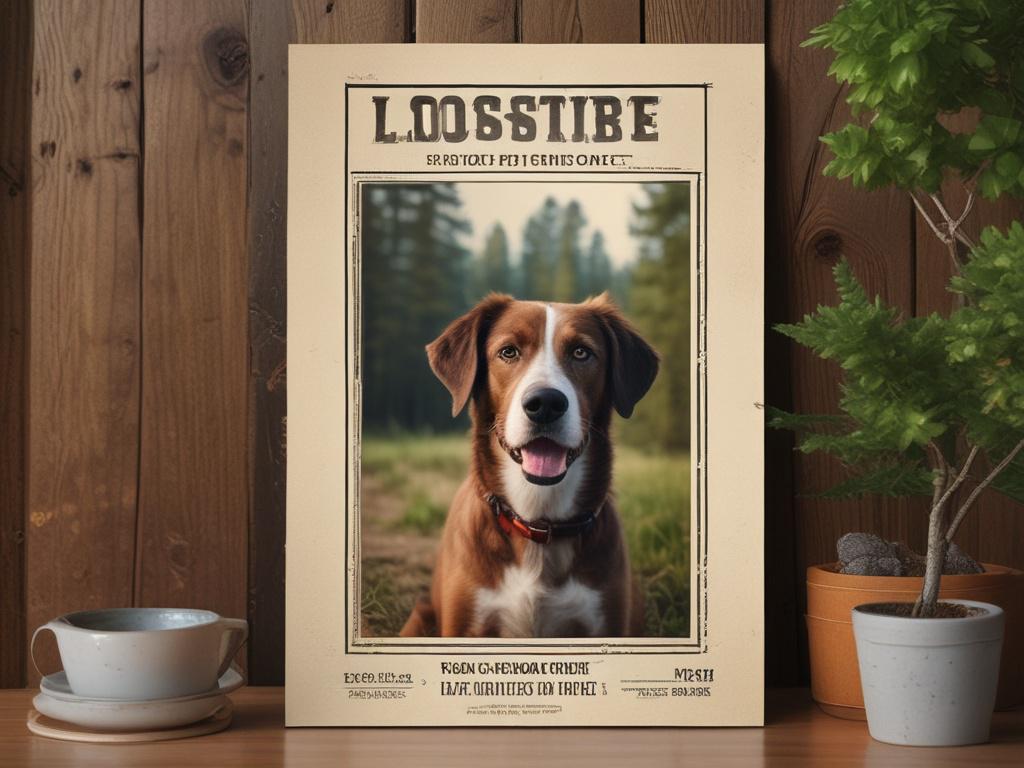 A4 lost pet poster design featuring a photo of a missing dog, bright colors, eye-catching layout, corflute sign in the background, rustic outdoor setting