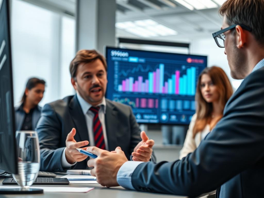A professional consultant discussing AI infrastructure with a technical team, with charts and graphs on a screen in the background, close-up shot.
