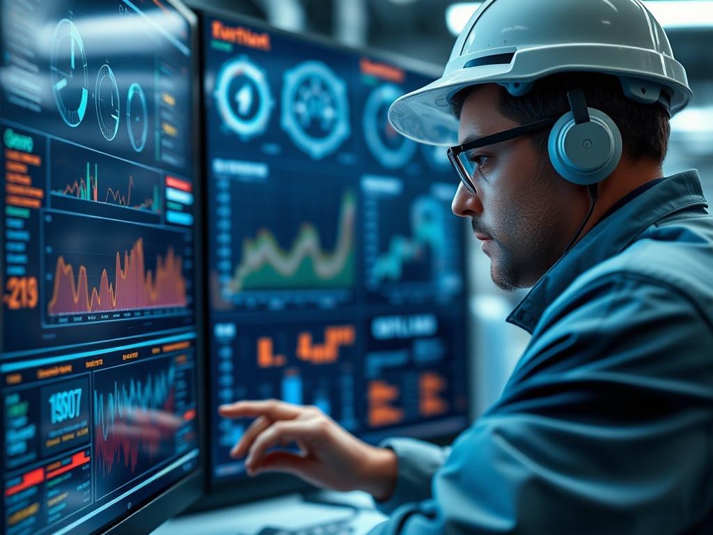 A technician analyzing data on a dashboard, showcasing operational excellence and monitoring of AI infrastructure, close-up shot.
